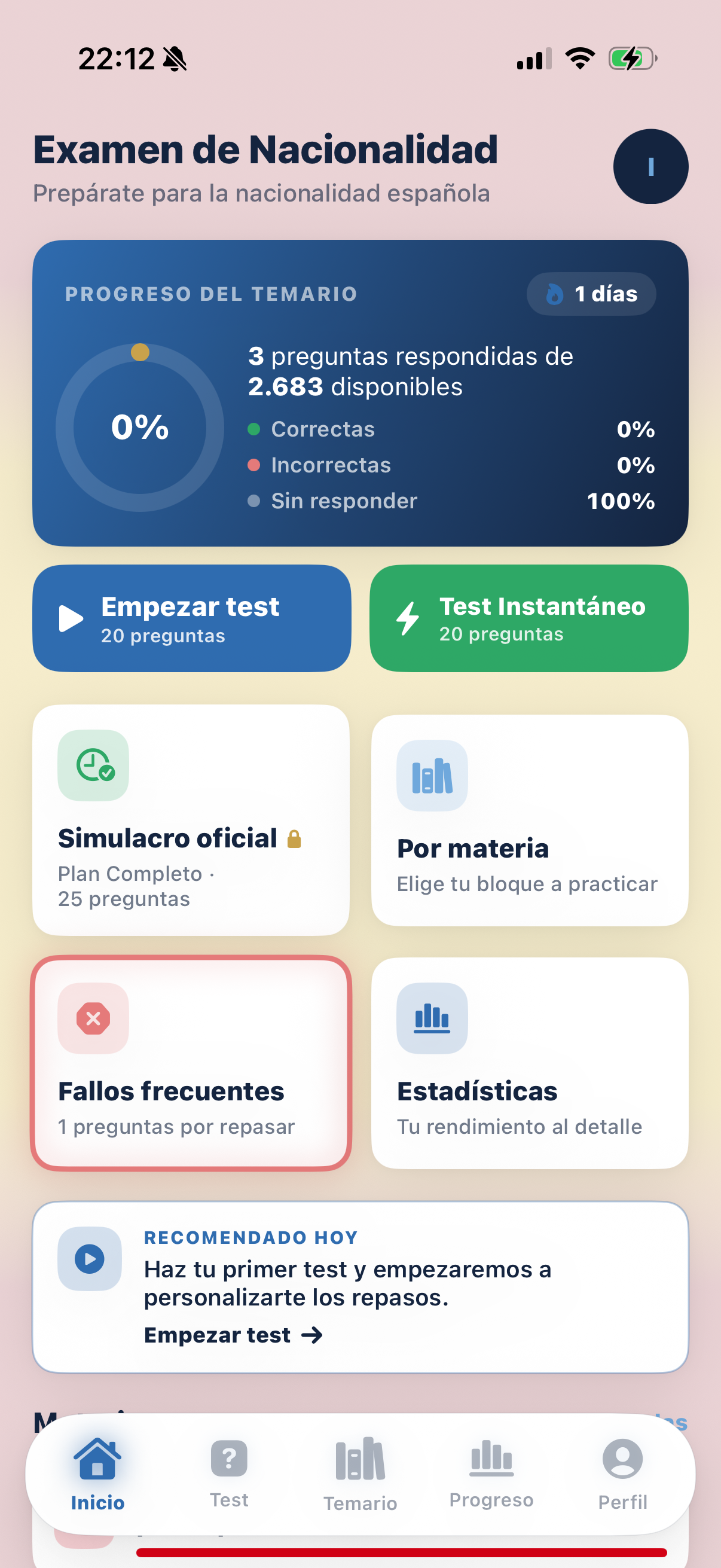 Inicio de Nacionalidad Española Test con el progreso del temario