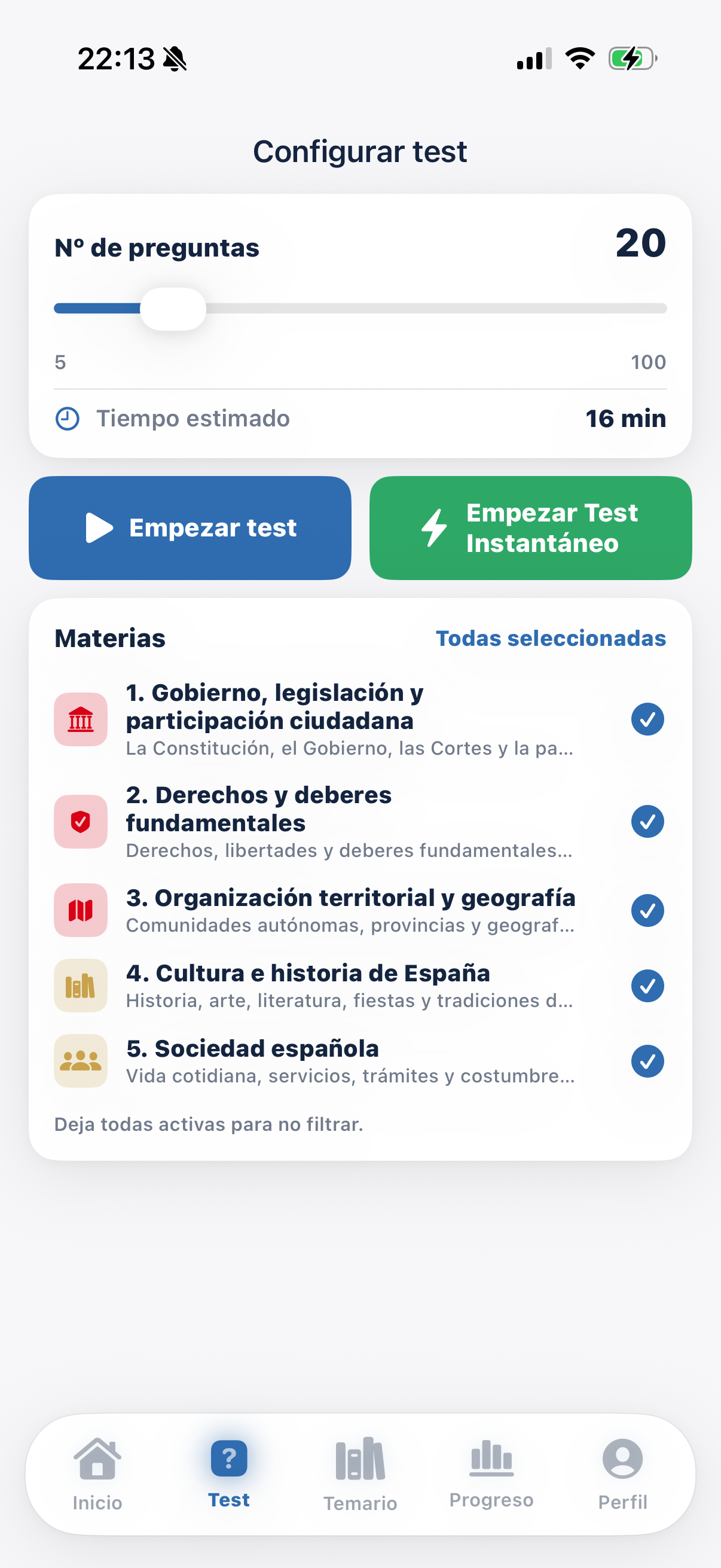 Configurar un test eligiendo tareas